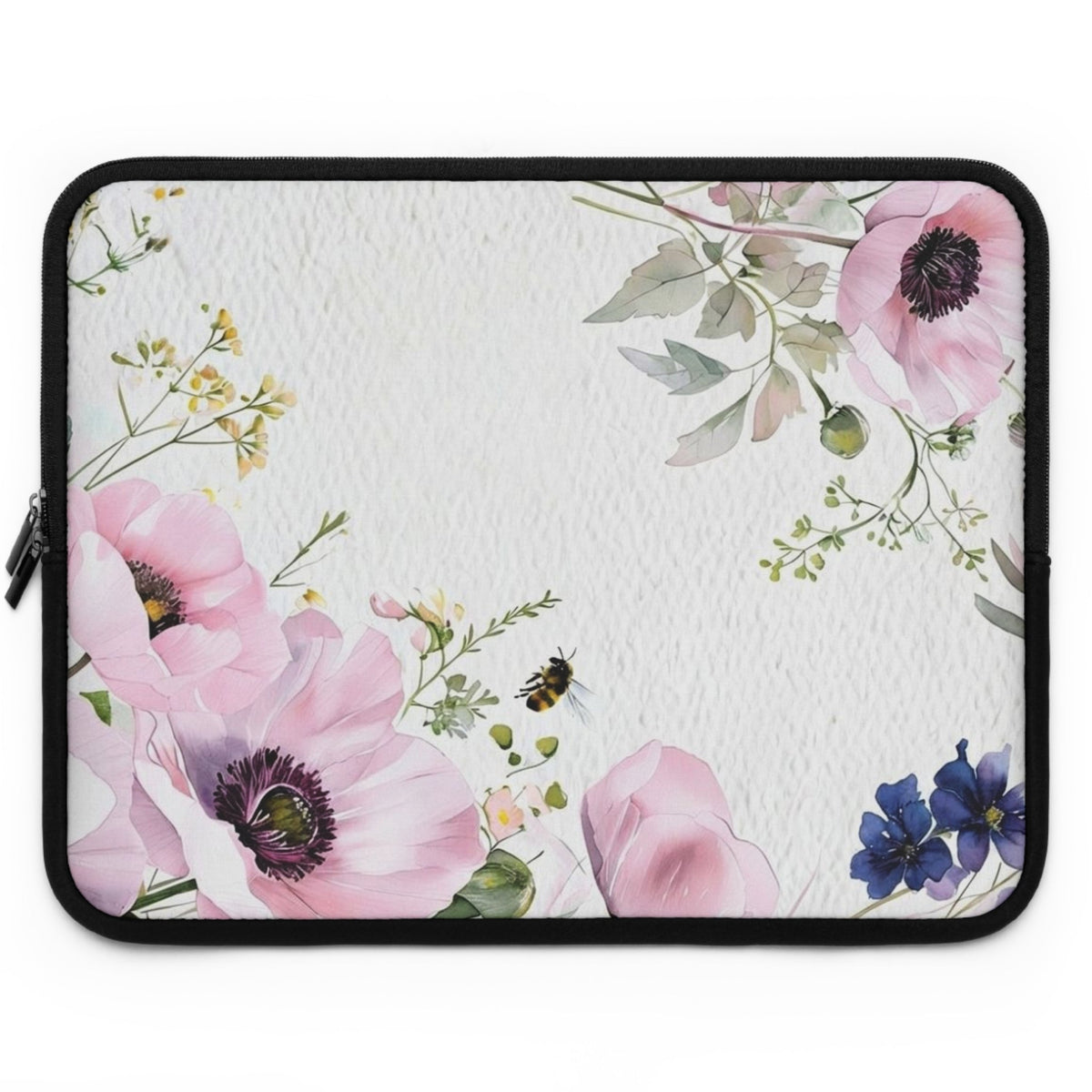 Pink Anemone Floral Laptop Sleeve | Watercolor Bee Tech Cover for Women