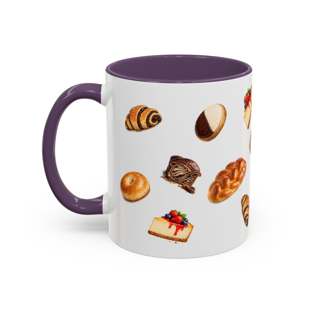 NYC Kosher Bakery Pattern Accent Mug | Babka Cheesecake Rugelach Black + White Cookie Challah Bagel 11oz Ceramic Coffee Cup