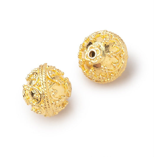 12mm 22kt Gold Plated Copper Moroccan Design Round Set of 2 Beads