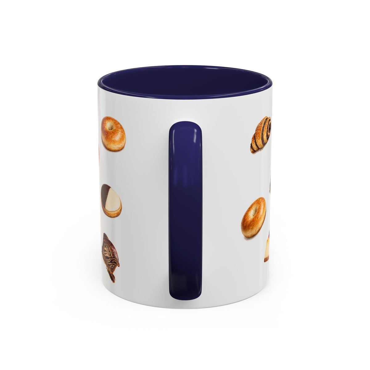 NYC Kosher Bakery Pattern Accent Mug | Babka Cheesecake Rugelach Black + White Cookie Challah Bagel 11oz Ceramic Coffee Cup