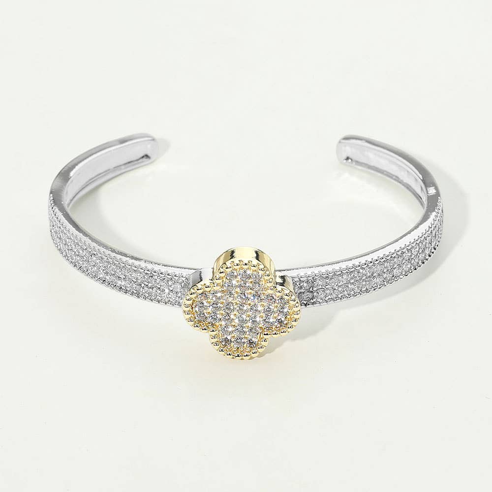 14K Gold Plated CZ Stone Pave Quatrefoil Accent Cuff Bracelet