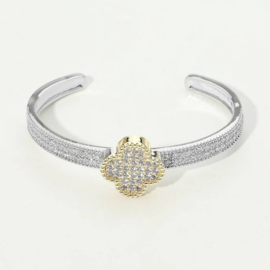 14K Gold Plated CZ Stone Pave Quatrefoil Accent Cuff Bracelet