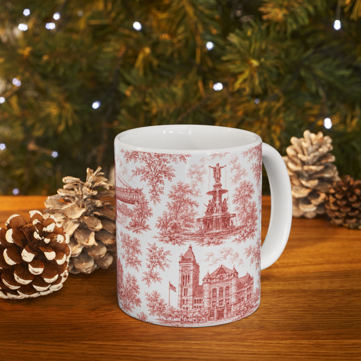 Cincinnati Red Toile de Jouy Ceramic Mug — Coffee Mug 11oz
