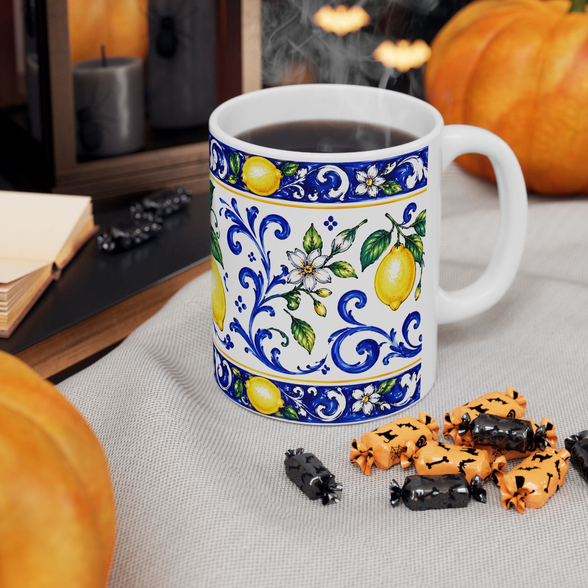 Little Italy Amalfi Blue and White with Lemon Mug — Italian Mediterranean Pattern Coffee Cup (11oz)