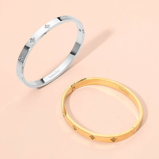 Stainless Steel CZ Stone Accent Hinged Bangle Bracelet