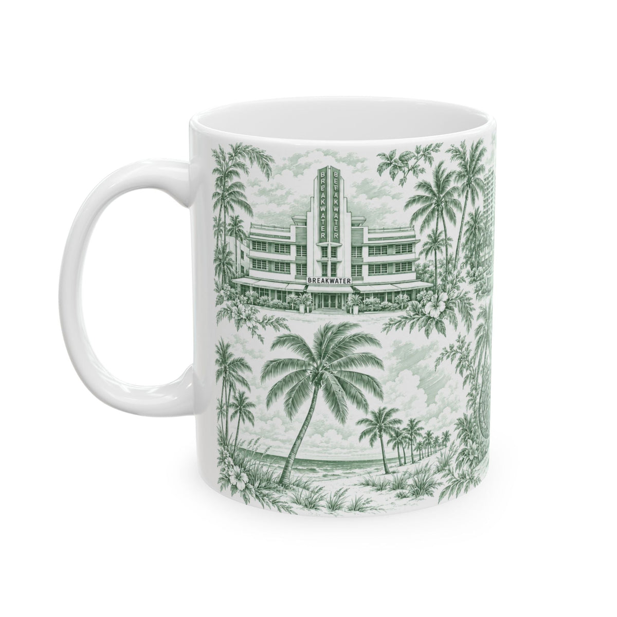 Miami Green Toile de Jouy Ceramic Mug — Vintage Palm Florida Chinoiserie 11oz