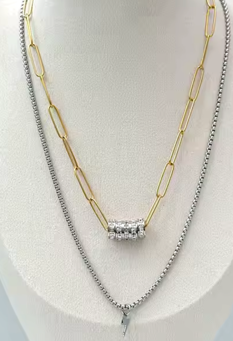 Mia Paperclip Necklace-Pavé Rings-Stainless Steel- 14K CZ