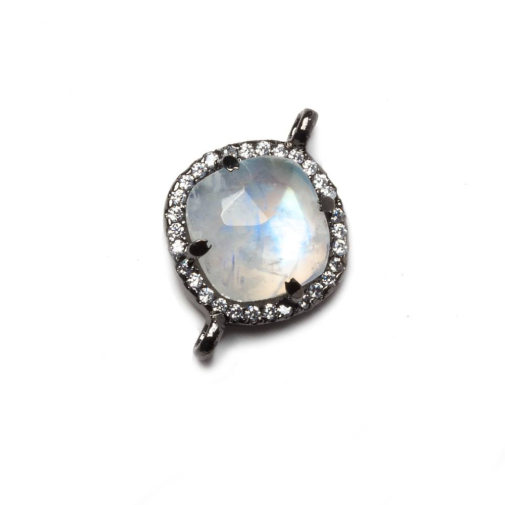 13x13mm Black Gold Bezeled White CZ and Rainbow Moonstone Pillow Connector 1 piece