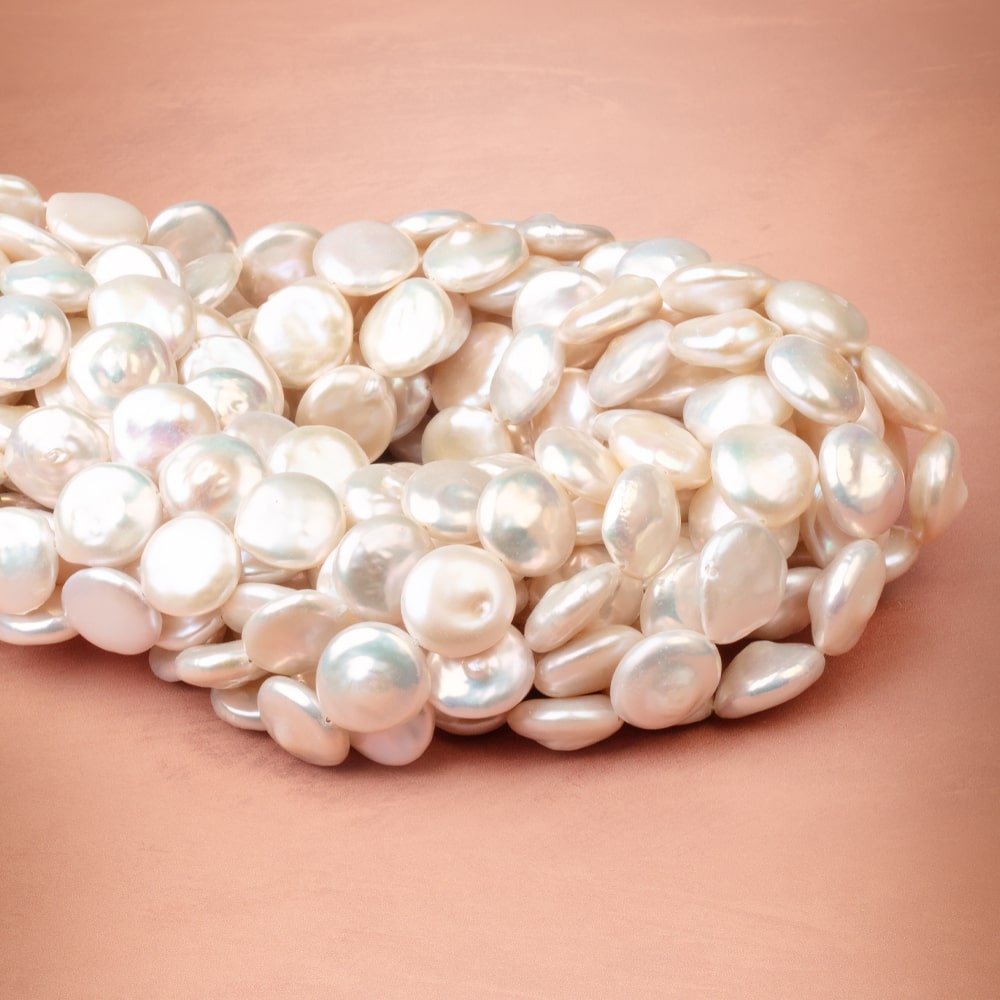 14-15mm Creamy White Coin Freshwater Pearls 16 inch 27 pieces