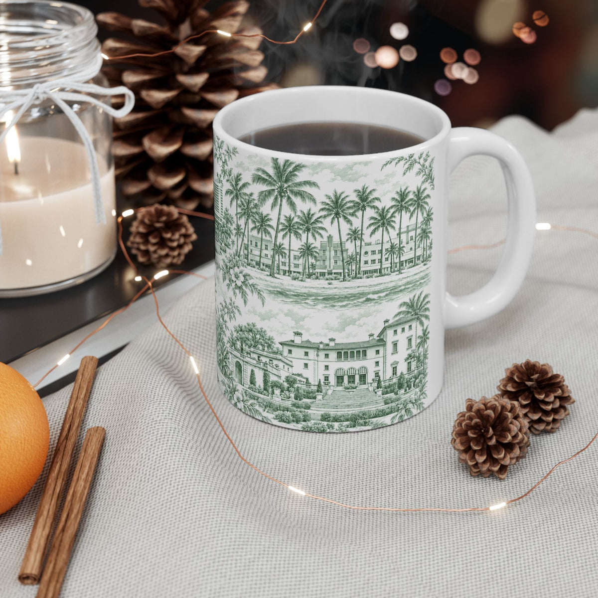 Miami Green Toile de Jouy Ceramic Mug — Vintage Palm Florida Chinoiserie 11oz