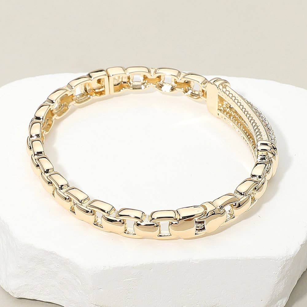 14K Gold Plated CZ Stone Paved Bar Link Hinged Bangle Bracelet