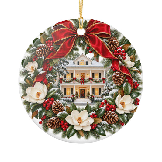 Ceramic Christmas Tree Ornament | Christmas Cottage Holiday Wreath