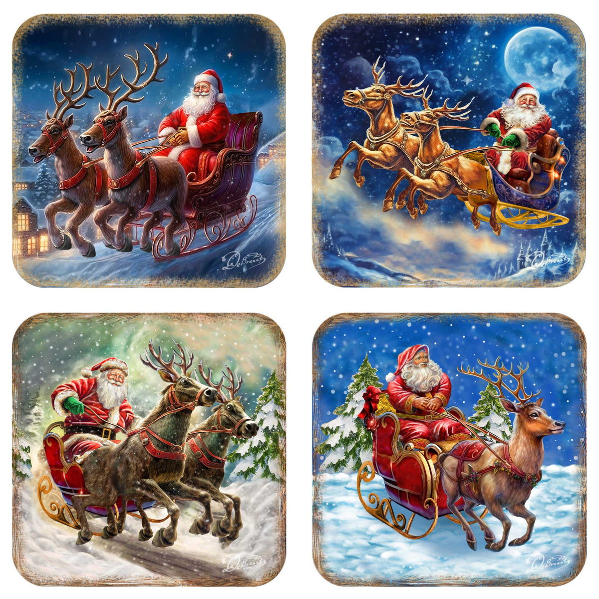 Santa's Sleigh Wooden Cork Coasters Gift Set of 4 by G. Debrekht - Santa Christmas Decor  - 8199445C-S4
