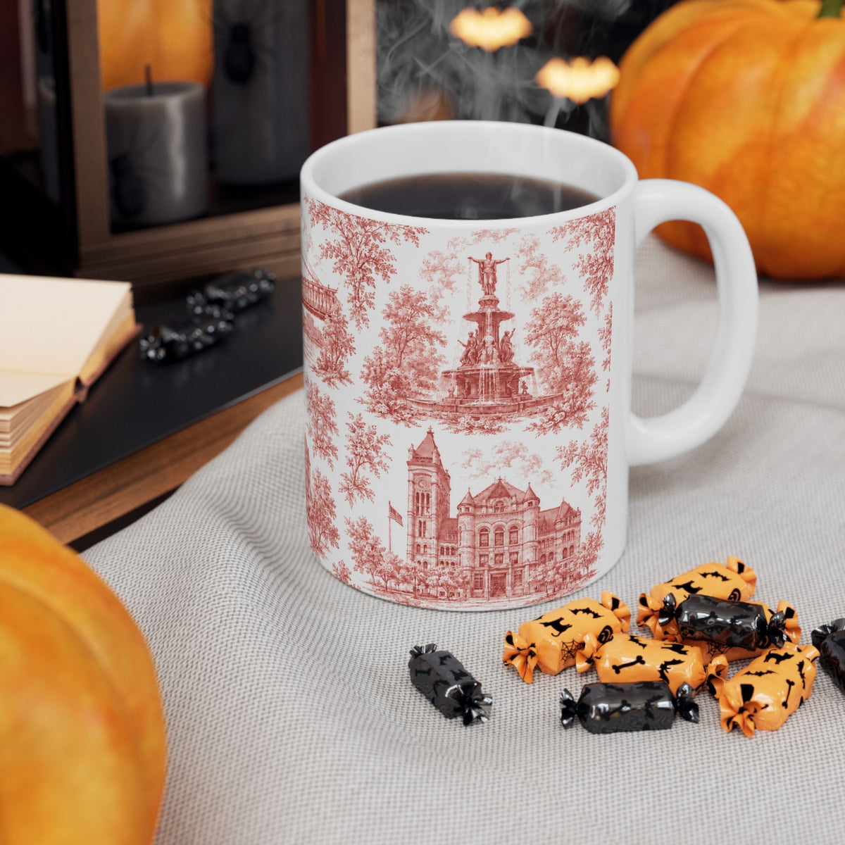 Cincinnati Red Toile de Jouy Ceramic Mug — Coffee Mug 11oz
