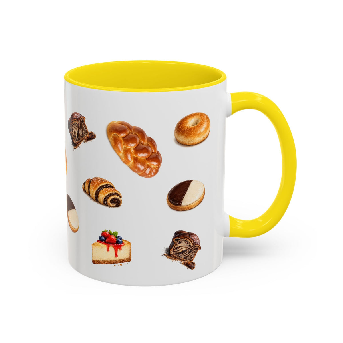 NYC Kosher Bakery Pattern Accent Mug | Babka Cheesecake Rugelach Black + White Cookie Challah Bagel 11oz Ceramic Coffee Cup