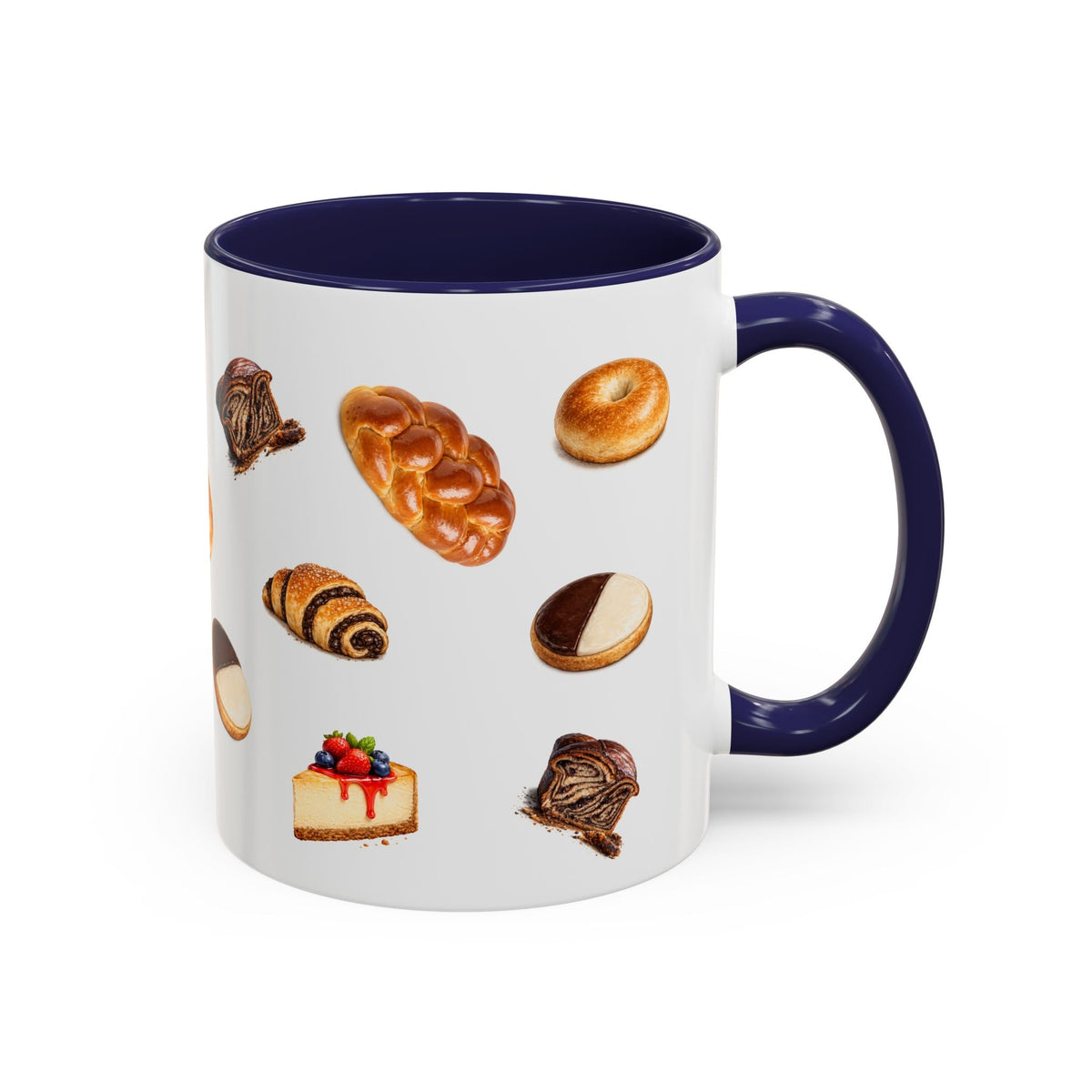 NYC Kosher Bakery Pattern Accent Mug | Babka Cheesecake Rugelach Black + White Cookie Challah Bagel 11oz Ceramic Coffee Cup