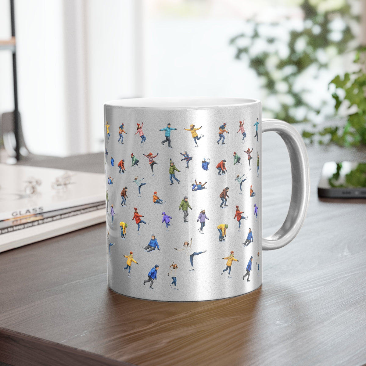 Ice Skaters on Ice Silver Metallic Mug | Winter Wonderland Hot Chocolate Coffee Sparkle Mug