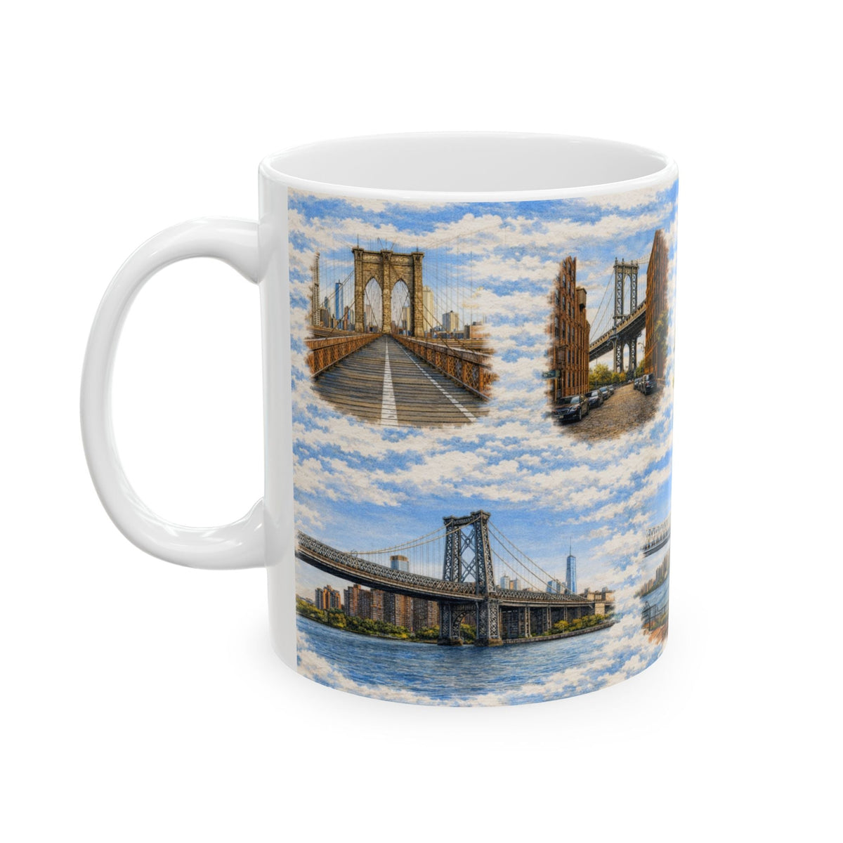 The Bridges of New York County Toile Mug | NYC Bridges Ceramic Coffee Mug