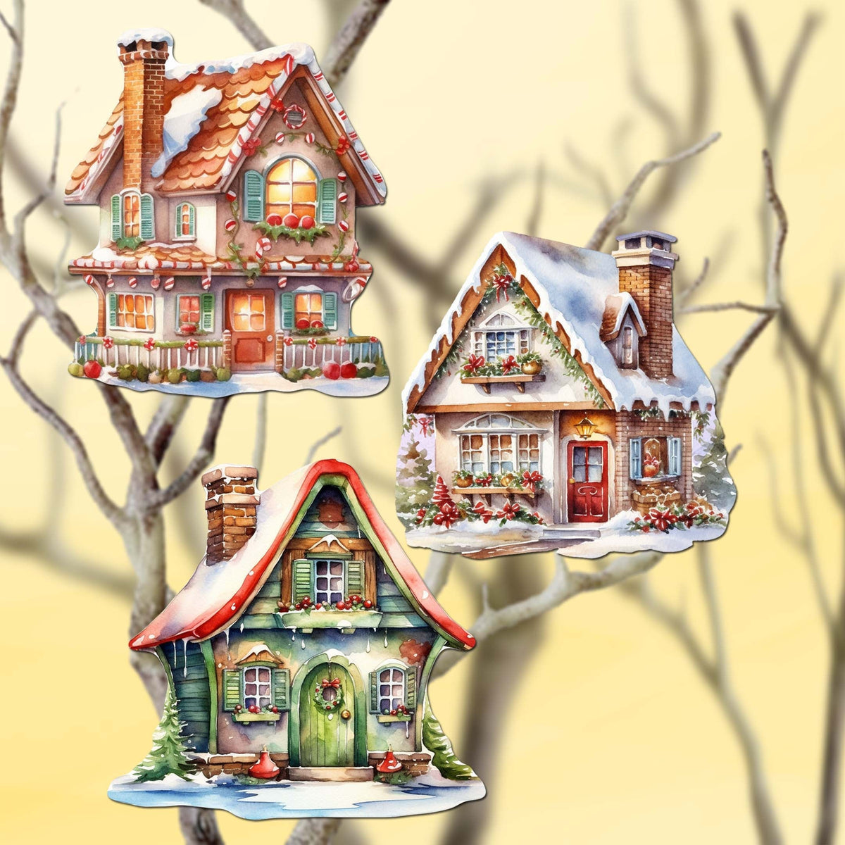 Dream Houses Clip-On Eco Wood Decorative Ornaments Set of 3 by G. Debrekht - Christmas Decor - 8091029C-S3