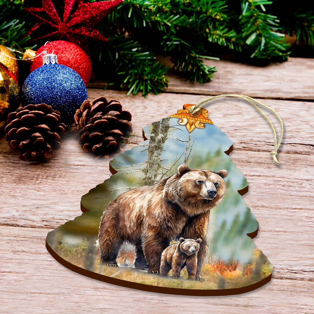 Grizzly Family Glade Tree Wooden Ornaments by G.Debrekht - Wildlife Holiday Decor - 870009