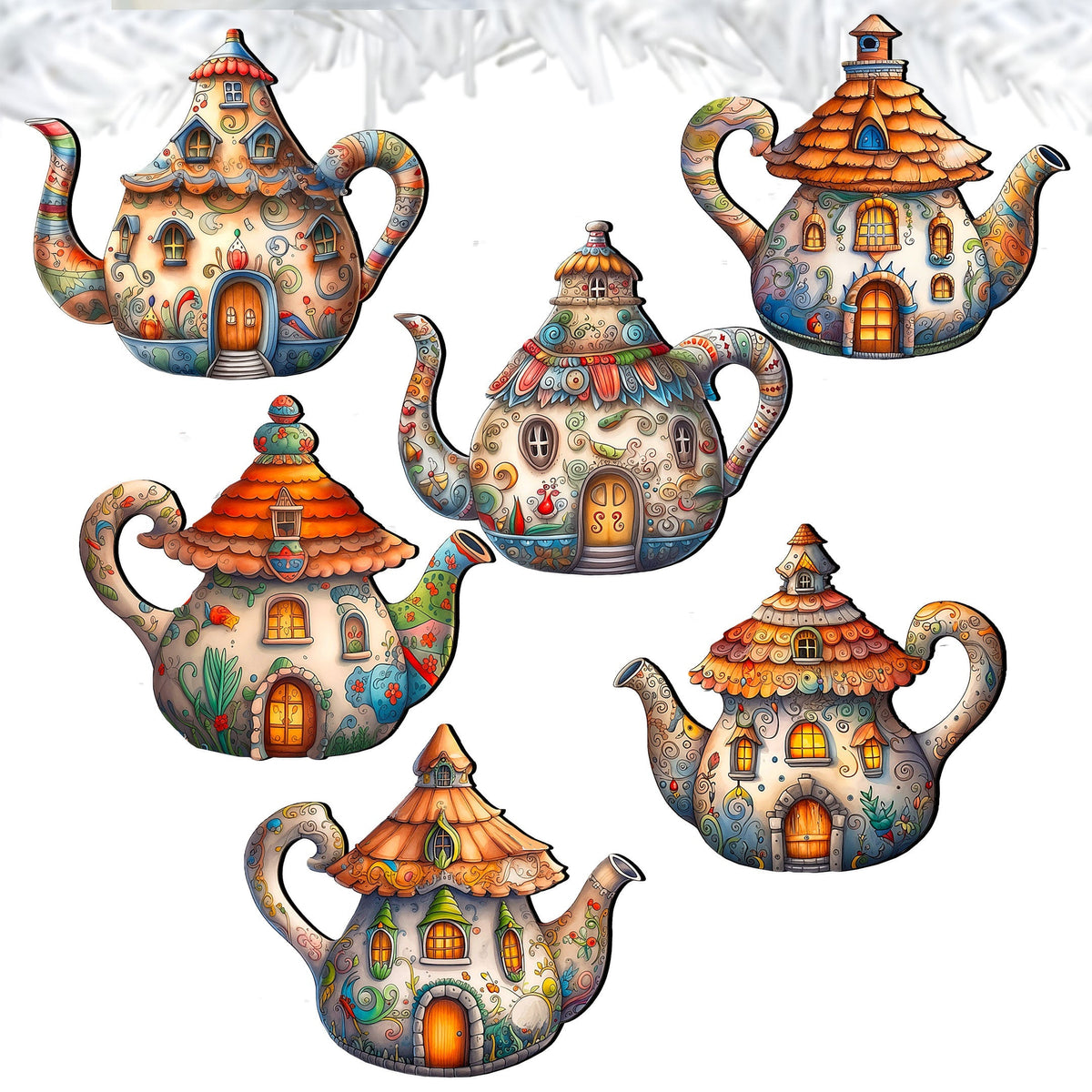 Teapots Clip-On Eco Wood Decorative Ornaments Set of 6 by G. Debrekht - Love Family Decor - 8090072C-S6
