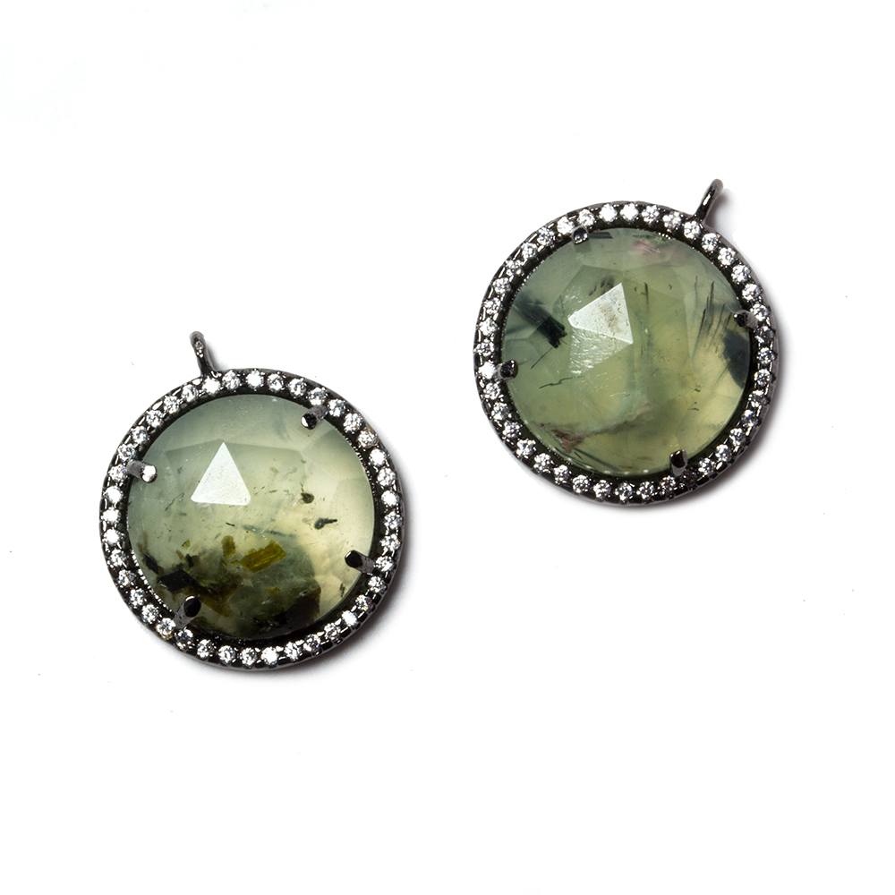 17mm Black Gold Bezeled White CZ & Dendritic Prehnite Coin Pendant 1 pc