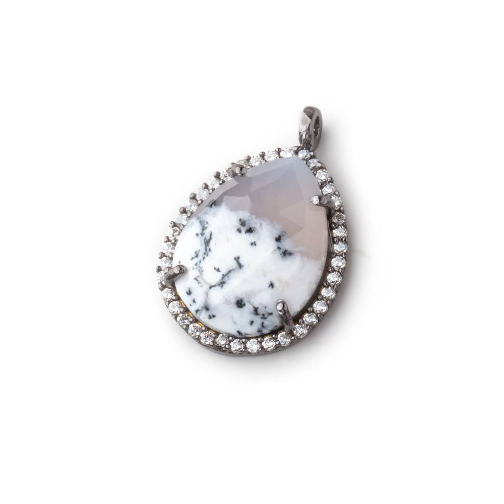 17x13mm Black Gold Bezeled White CZ and Dendritic Opal Pear Pendant 1 piece