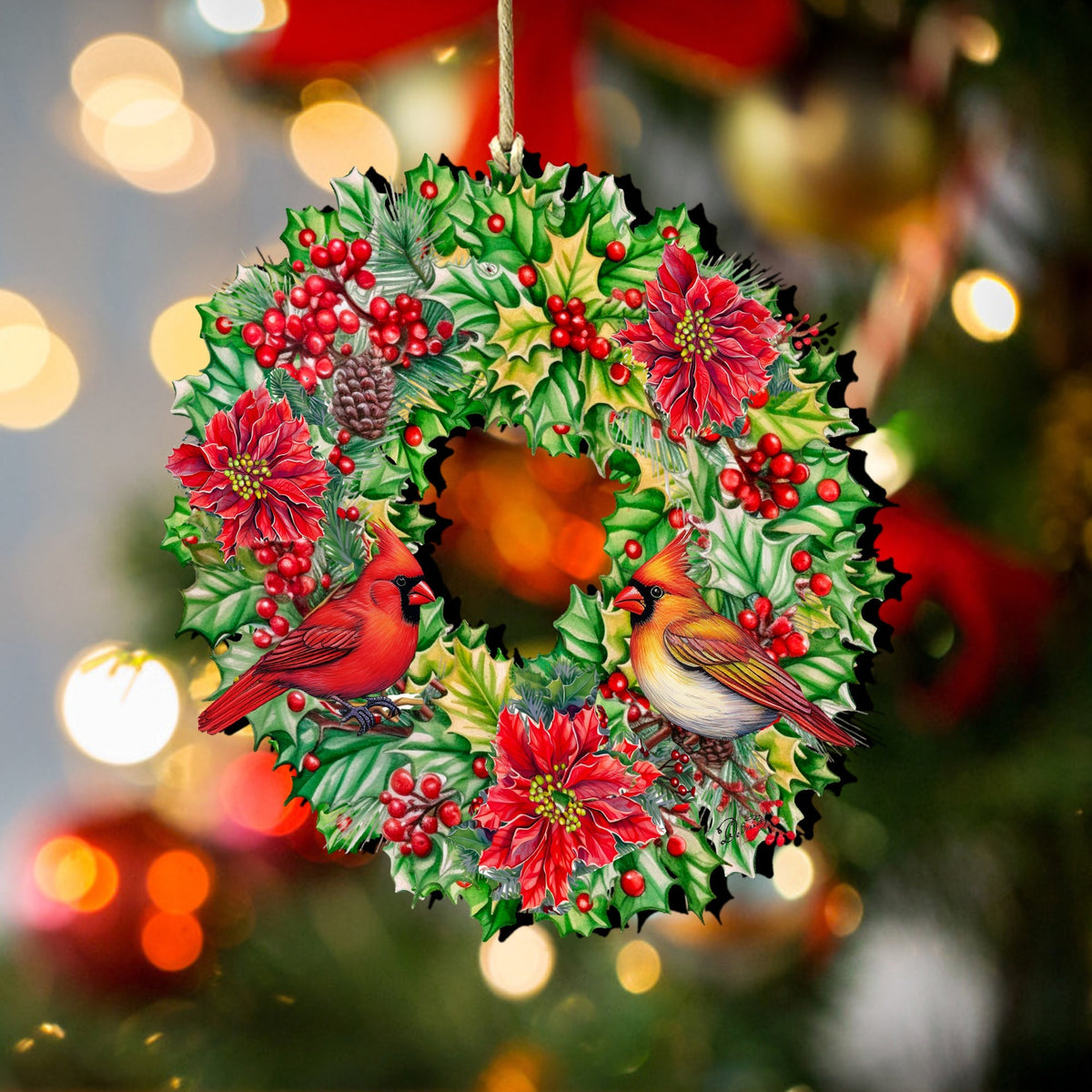 Holiday Cardinal Garland Wreath Wooden Ornaments by G. Debrekht Christmas Decor - 8611070