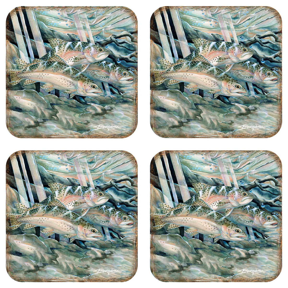Catch the Rainbow Trout Wooden Cork Coasters Gift Set of 4 by J. Bergsma - Coastal Wildlife Decor  - 8199463C-S4