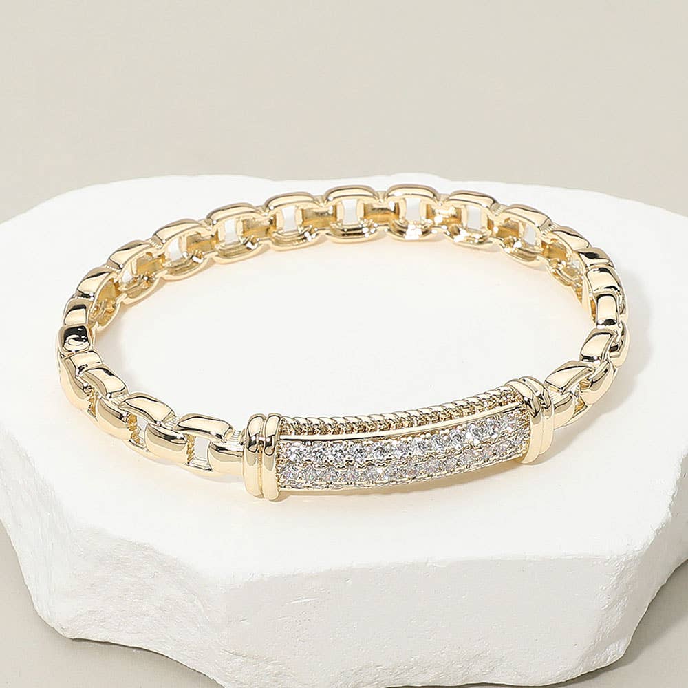 14K Gold Plated CZ Stone Paved Bar Link Hinged Bangle Bracelet