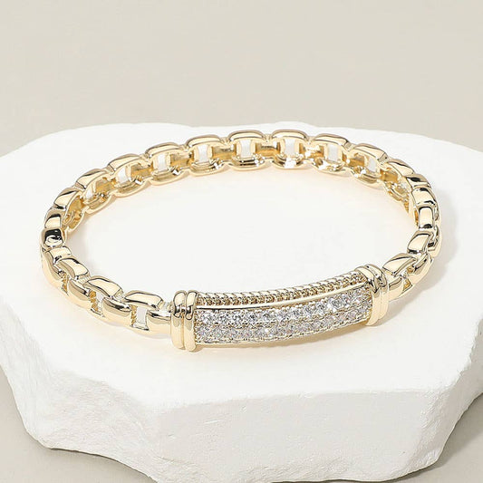 14K Gold Plated CZ Stone Paved Bar Link Hinged Bangle Bracelet
