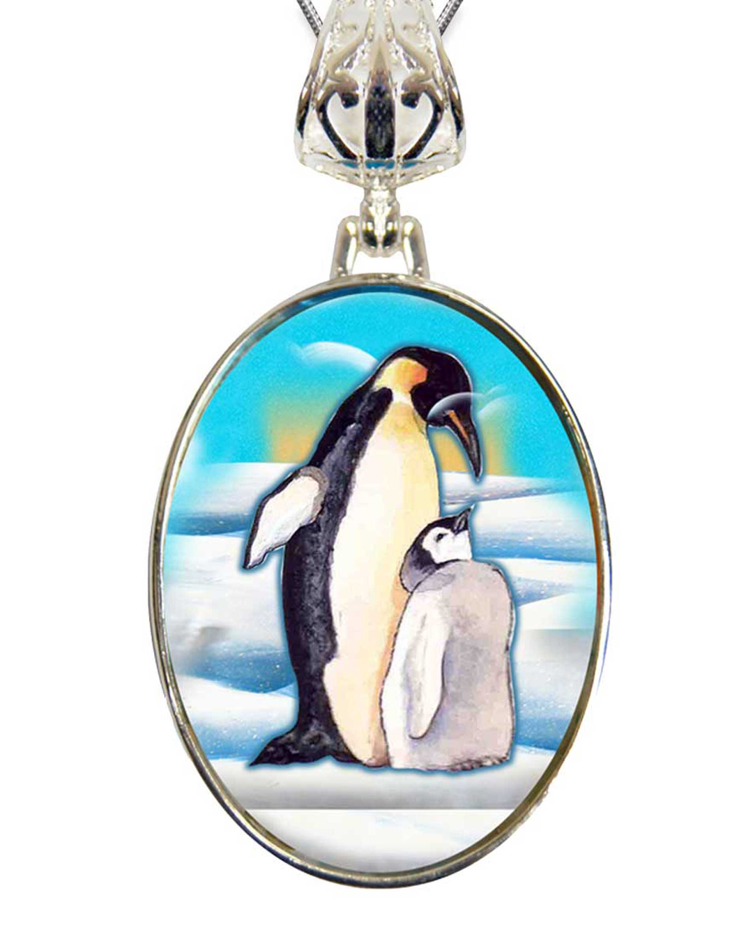 Love Coup[e Penguins Silver Plated Mother of Pearl Jewelry Pendant Necklace - 44033-2