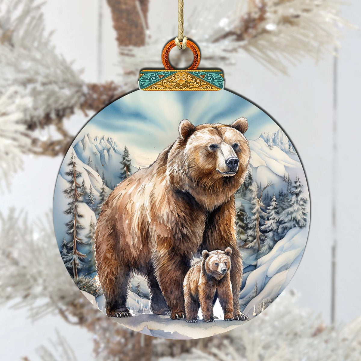 Grizzly Bear with Cub Wooden Ornaments by G.Debrekht - Wildlife Holiday Decor - 870070