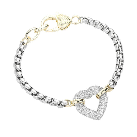 14K Gold Plated Two Tone CZ Paved Open Heart Bracelet