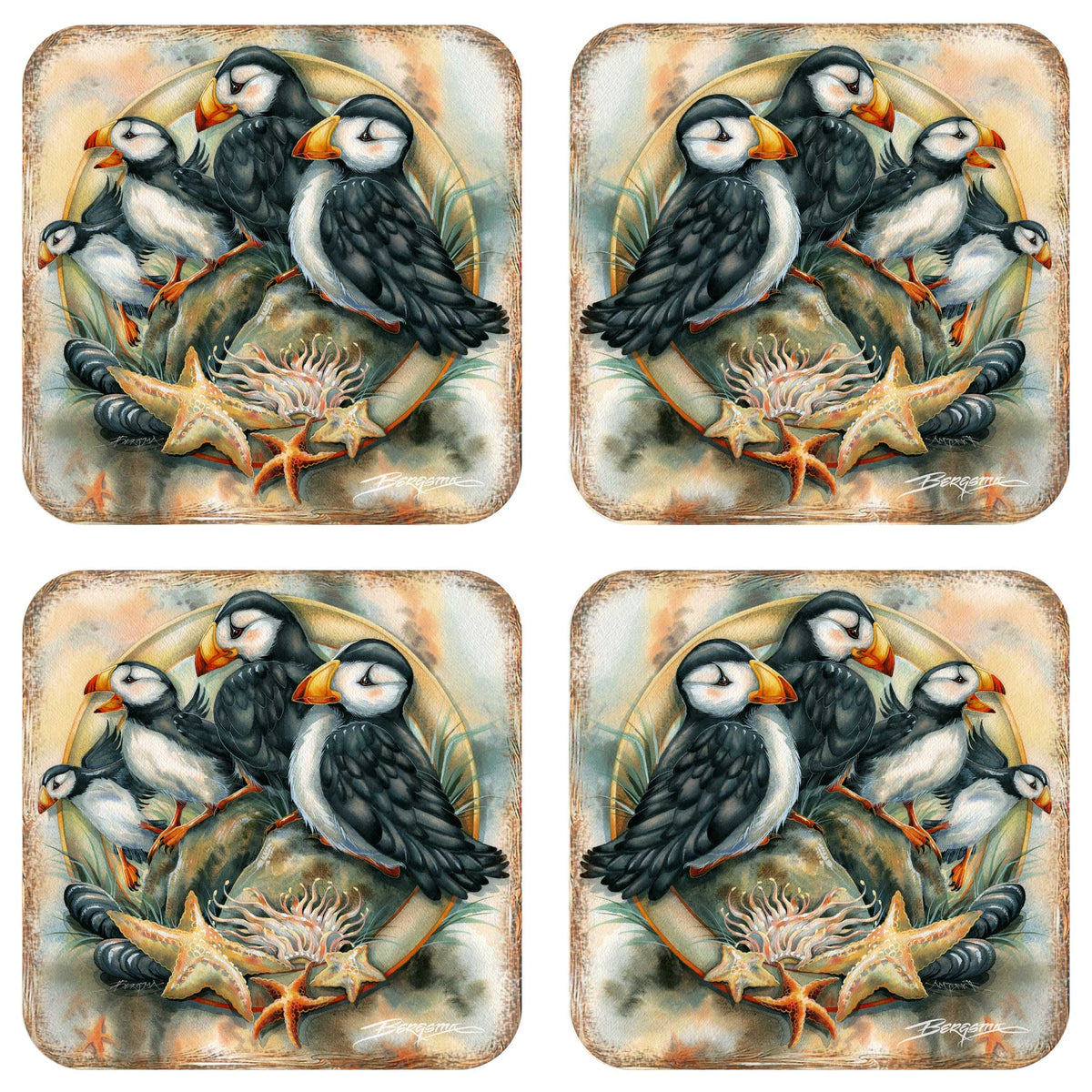Puffins Wooden Cork Coasters Gift Set of 4 by J. Bergsma - Coastal Wildlife Decor  - 8199462C-S4