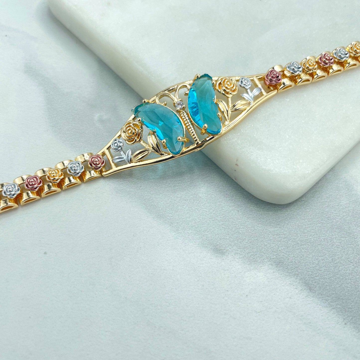 Luxus Accessories 18K Gold Filled Tri-Tone Blue Zirconia Butterfly Bracelet