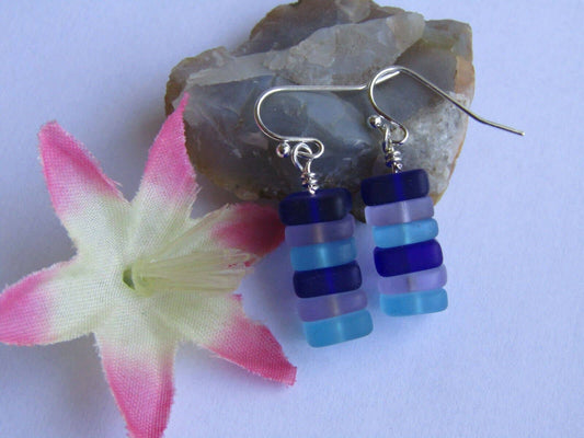 Bad Apple Designs Stacked Blue & Purple Sea Glass Pebble Earrings