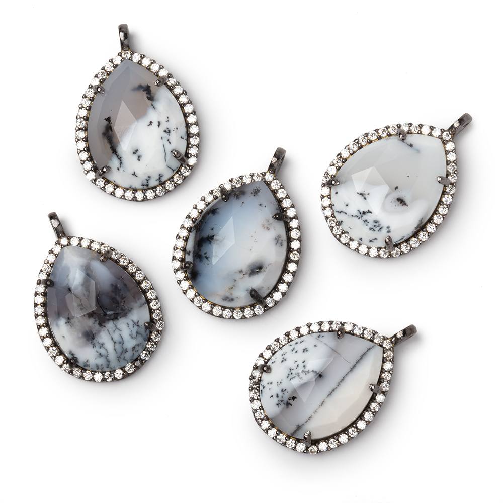 20x16mm Black Gold CZ Bezel Dendritic Opal Faceted Pear Pendant 1 Focal