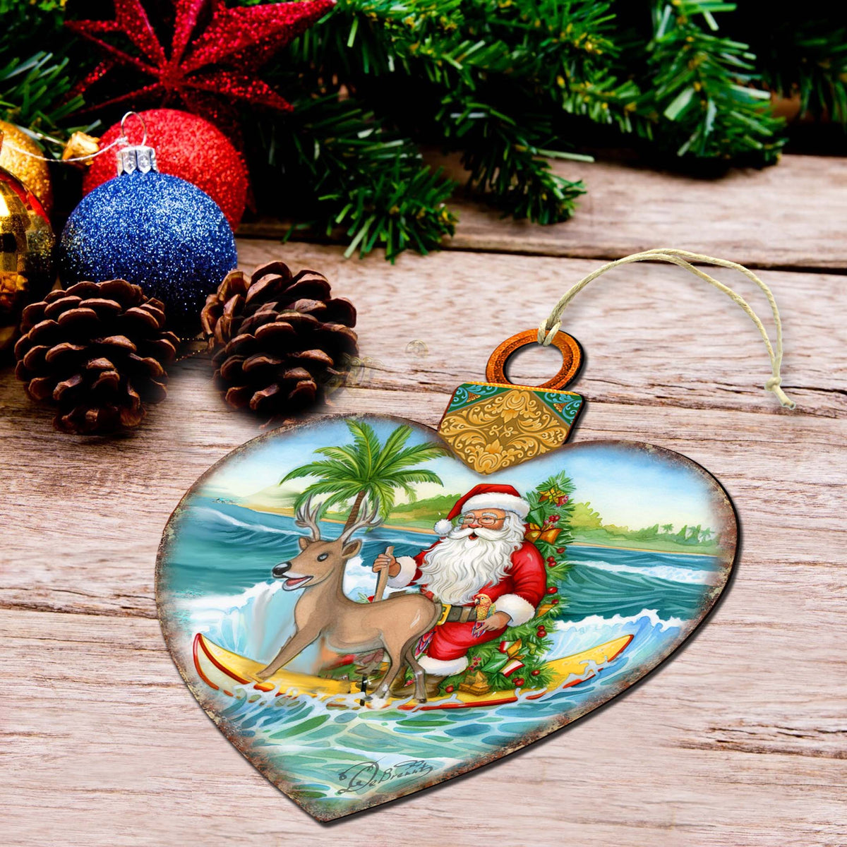 Wooden Christmas Ornaments - Surfing Santa Heart Wooden Ornaments by G.Debrekht - Coastal Holiday Decor - 8688174