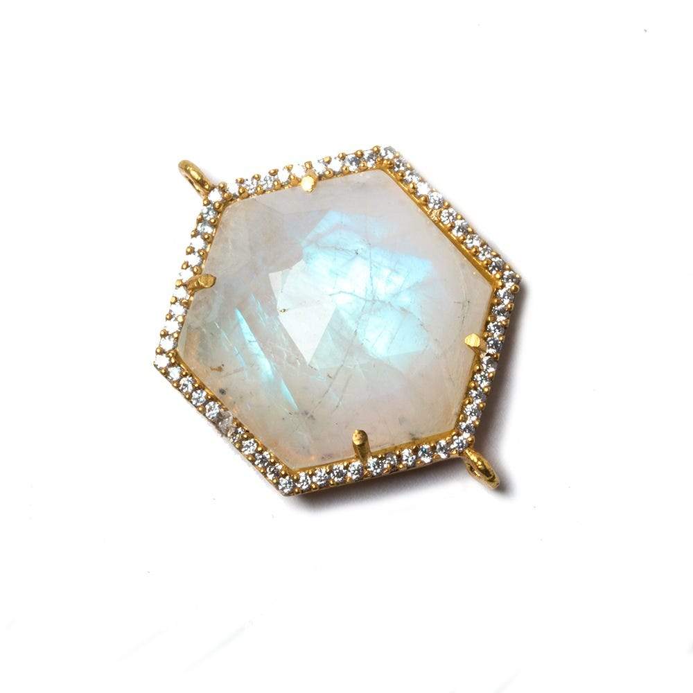 21mm Vermeil Bezel White CZ & Rainbow Moonstone Hexagon Connector 1 pc