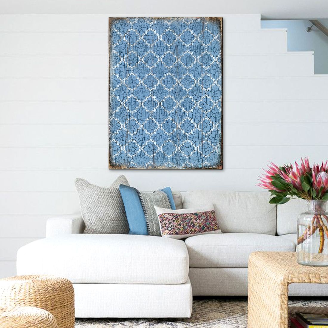Graphic Blue Rustic Wooden Wall Art by G. DeBrekht - Floral Ornamental Decor - 95003B