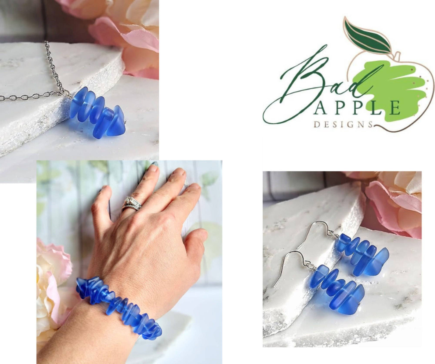 Bracelet en argent avec perles de verre de mer bleu cobalt – Bad Apple Designs