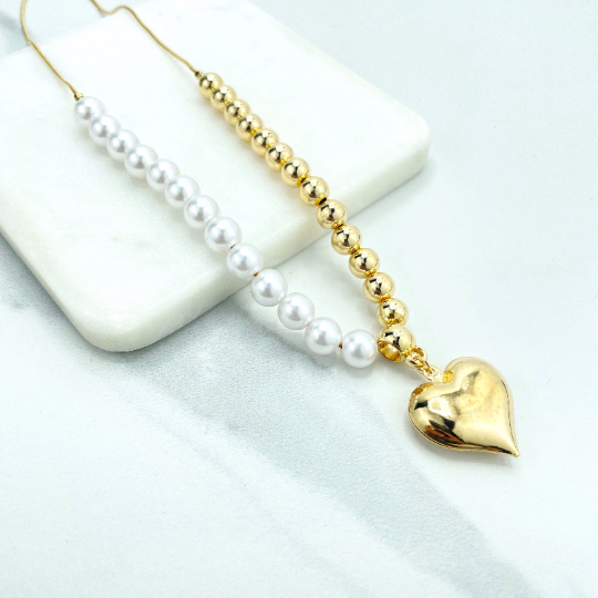 Parure Collier et Bracelet Luxus Accessories en Plaqué Or 18K avec Perles, Billes Dorées et Breloque Cœur Gonflé