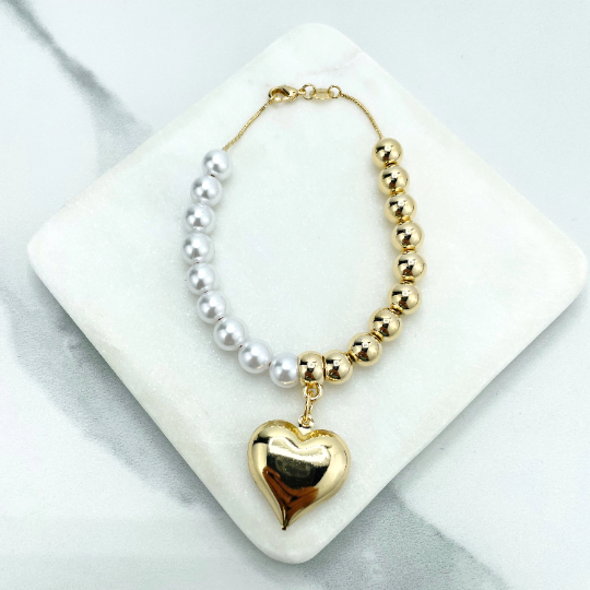 Parure Collier et Bracelet Luxus Accessories en Plaqué Or 18K avec Perles, Billes Dorées et Breloque Cœur Gonflé