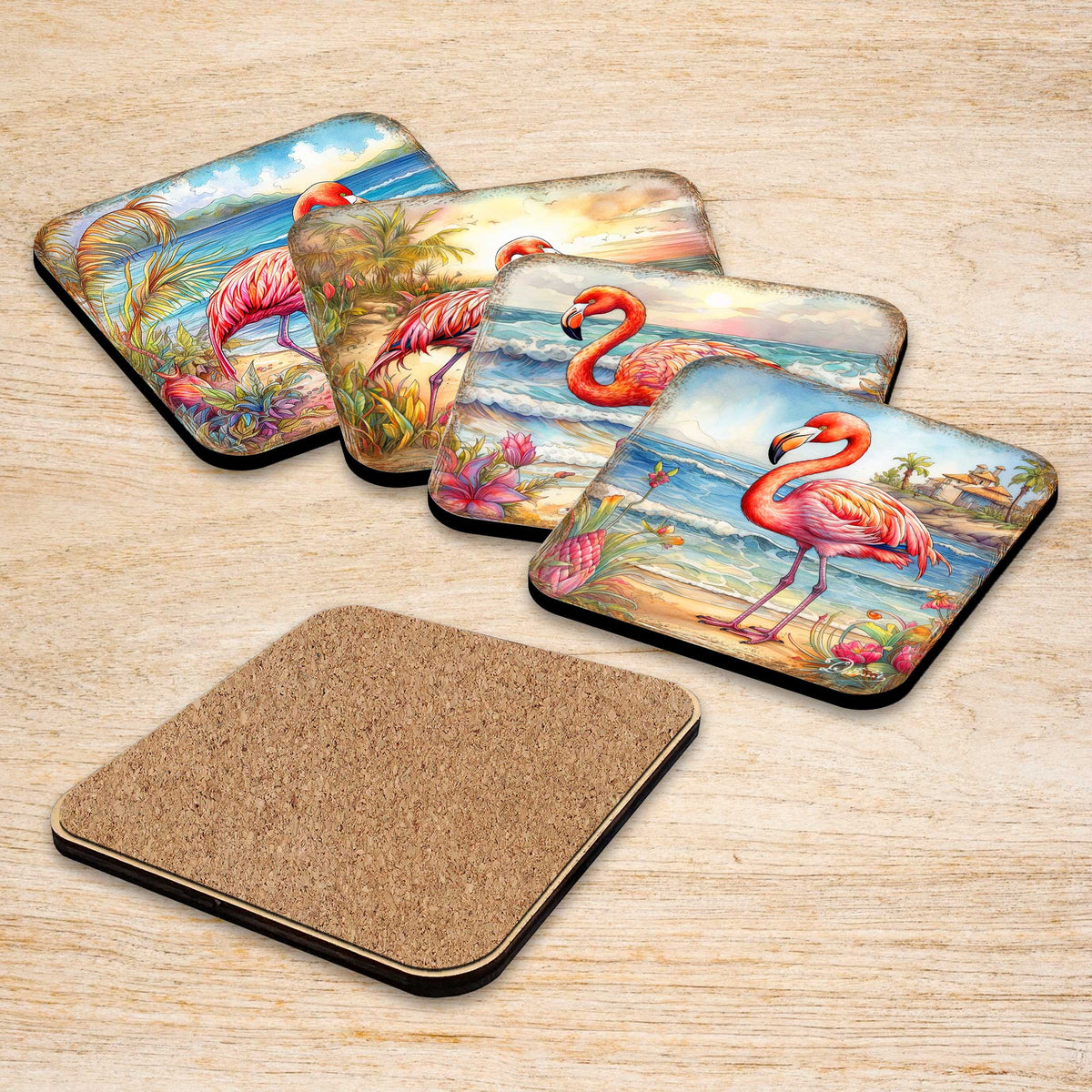 Pink Flamingo Wooden Cork Coasters Gift Set of 4 by G. Debrekht - Coastal Decor  - 8199440C-S4
