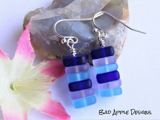 Bad Apple Designs Stacked Blue & Purple Sea Glass Pebble Earrings