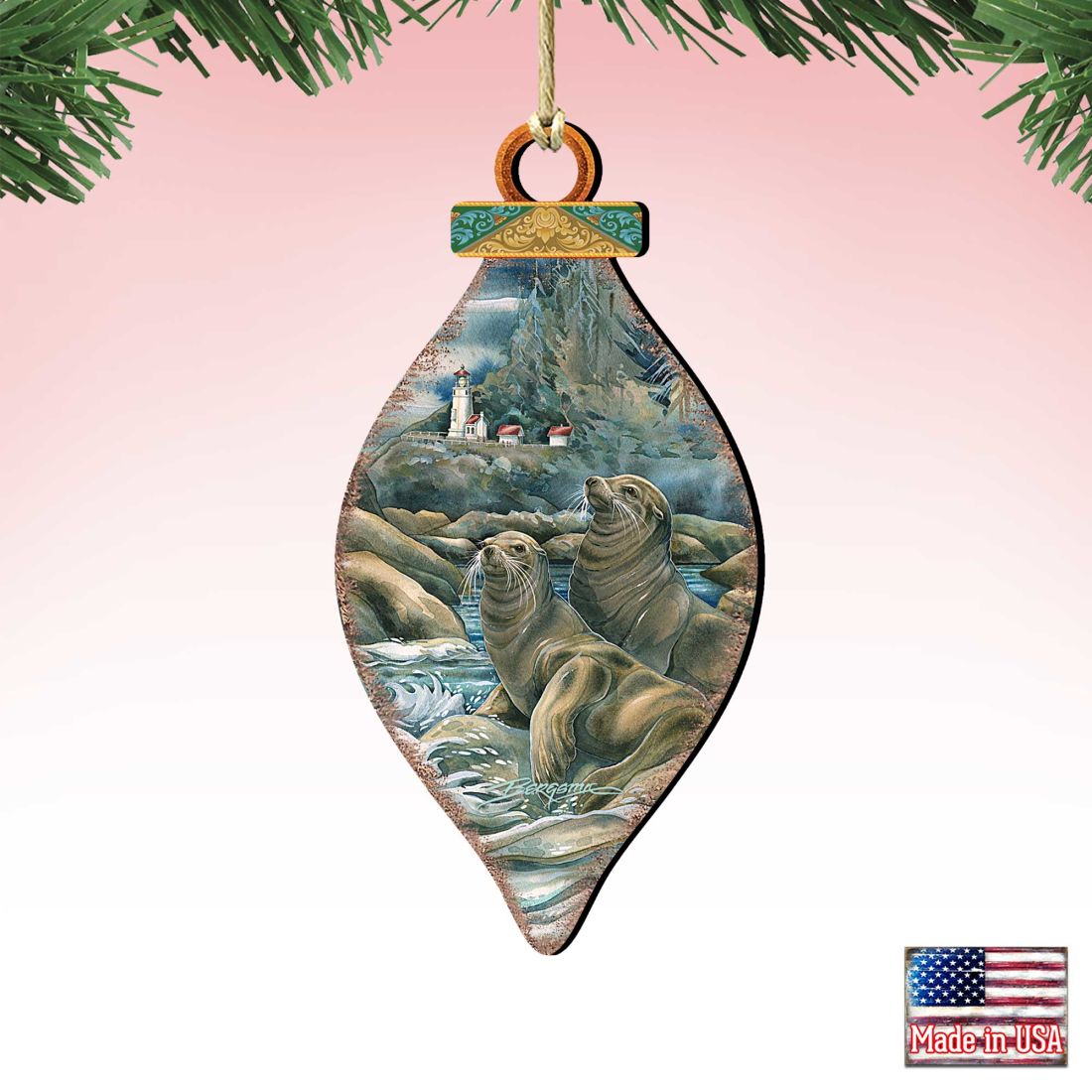 Lions of the Sea Lighthouse Caves Wooden Ornaments by J. Bergsma - Coastal Sea-Life Decor - 8591883-JB