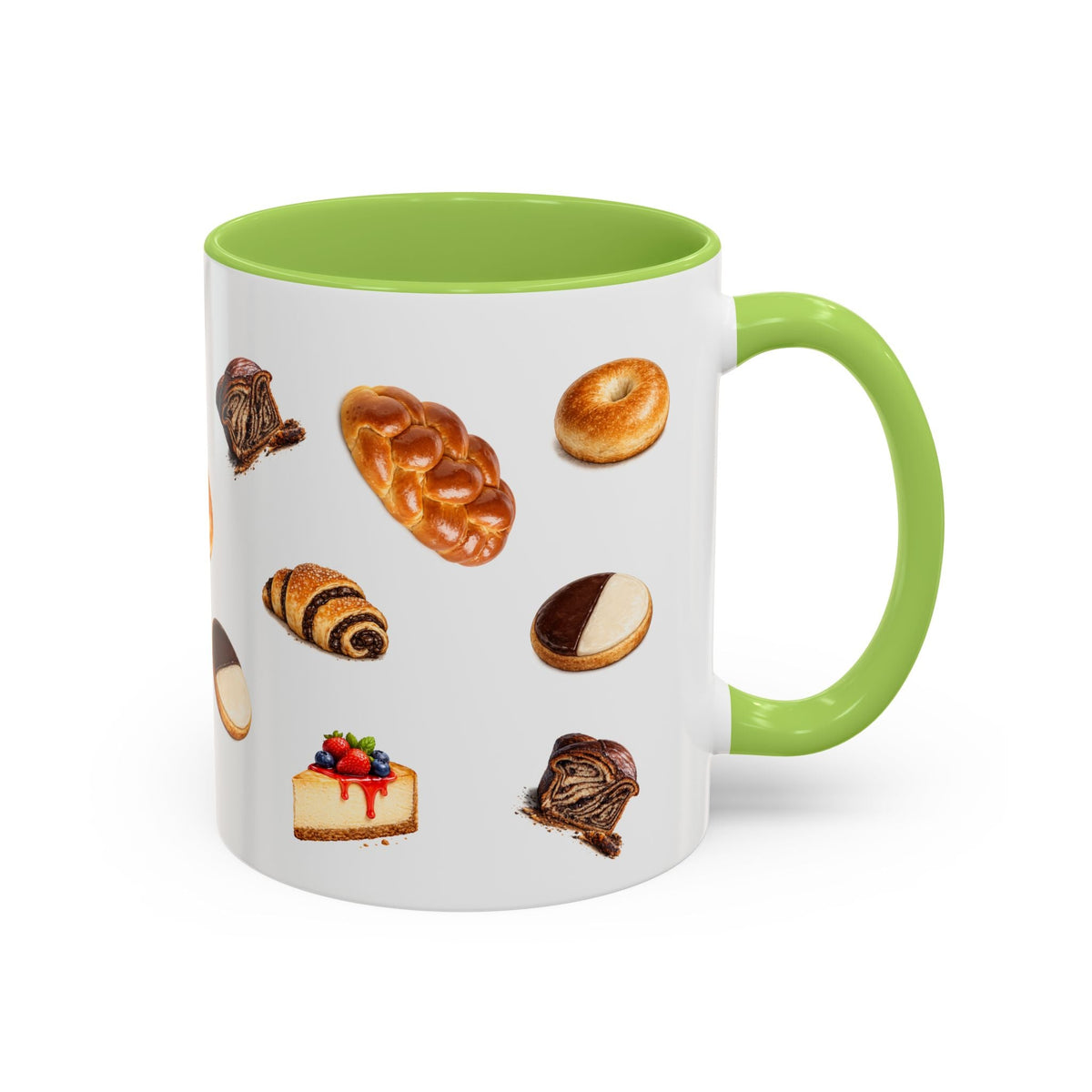 NYC Kosher Bakery Pattern Accent Mug | Babka Cheesecake Rugelach Black + White Cookie Challah Bagel 11oz Ceramic Coffee Cup
