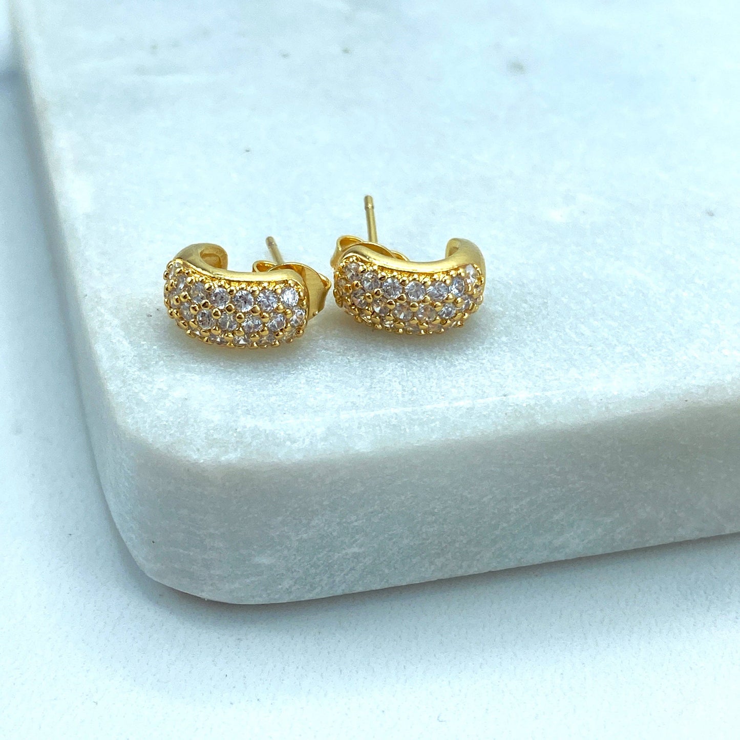 Luxus Accessories 18K Gold Filled Petite C Shape Stud Earrings featuring Clear Micro CZ, Classic Earrings