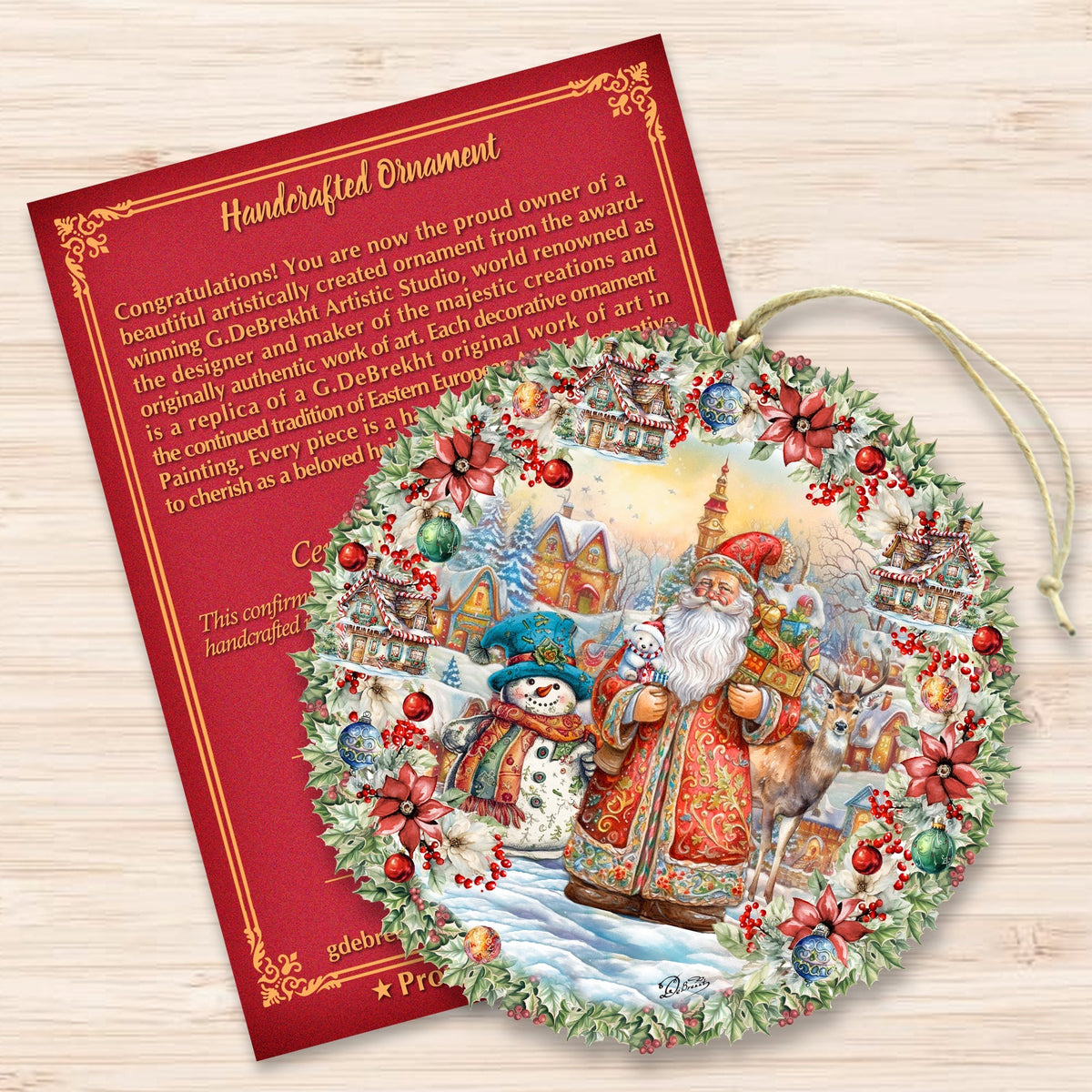 Merry Christmas Wreath Wooden Ornaments by G. Debrekht Christmas Santa Snowman Decor - 8611069